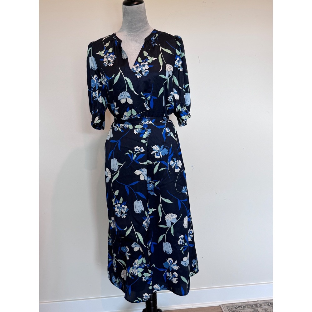 Ann Taylor Factory Womens Floral V-Neck Midi Dress Black Blue Green Size L